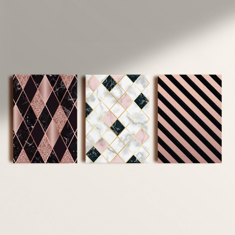 Kit: 3 Placas Decorativas Geo Marmor Rose Black Kit: 3 Placas Decorativas Geo Marmor Rose Black