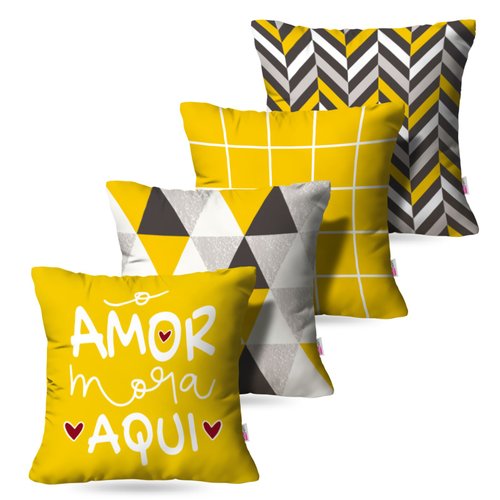 Kit: 4 Capas de Almofada Decorativas o Amor Mora Aqui Amarelo – 45×45