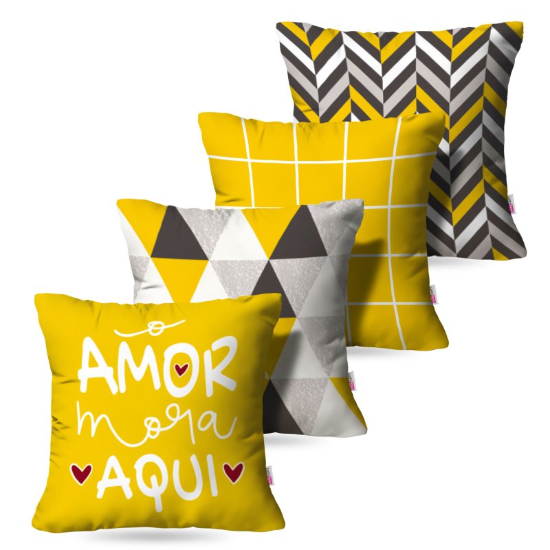 Kit: 4 Capas de Almofada Decorativas o Amor Mora Aqui Amarelo – 45×45 Kit: 4 Capas de Almofada Decorativas o Amor Mora Aqui Amarelo – 45×45