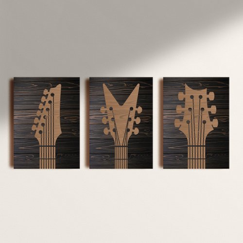 Kit: 3 Quadros Decorativos Vinilico sem Moldura Dark Wood Guitar